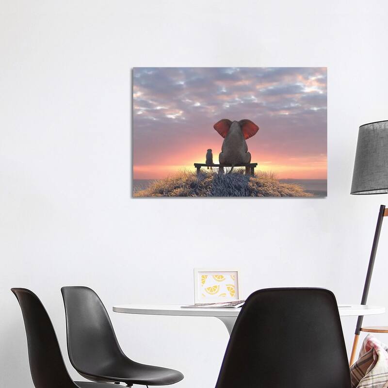 iCanvas "Elephant And Dog Watch The Sunrise On The Seashore" by Mike Kiev Canvas Print - 26x40x1.5