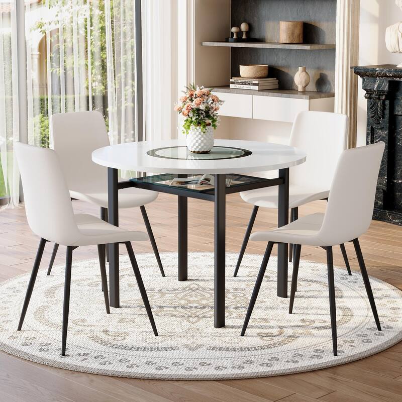 5 Piece Dining Table Set with 42 Inch Round MDF Top Glass Insert 4 PU Chairs