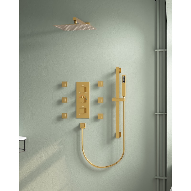 Thermostatic Shower System 12" High-Pressure Rainfall Shower Head with Slide Bar Hand Shower - Brushed Gold