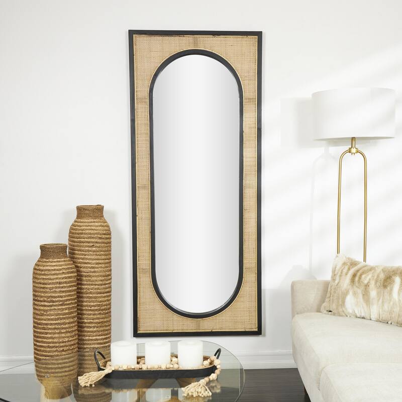 Brown Rattan Room Wall Mirror with Black Accent Frames