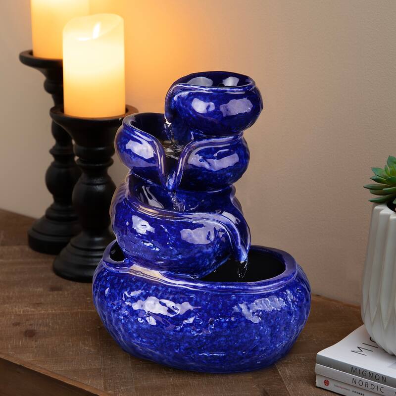 Glitzhome 11.75"H 4-Tiered Ceramic Cobalt Blue Table Fountain with Pump