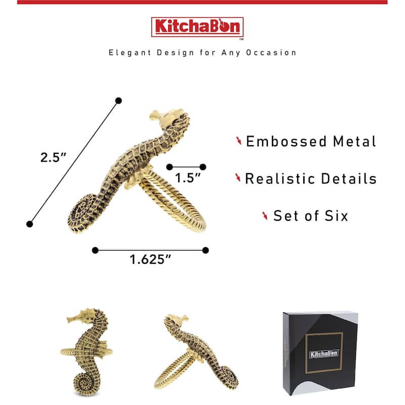 KitchaBon Seahorse Gold Napkin Rings for Table Decor - Set of 6 - 2.5 x 1.2 x 1.65 inches