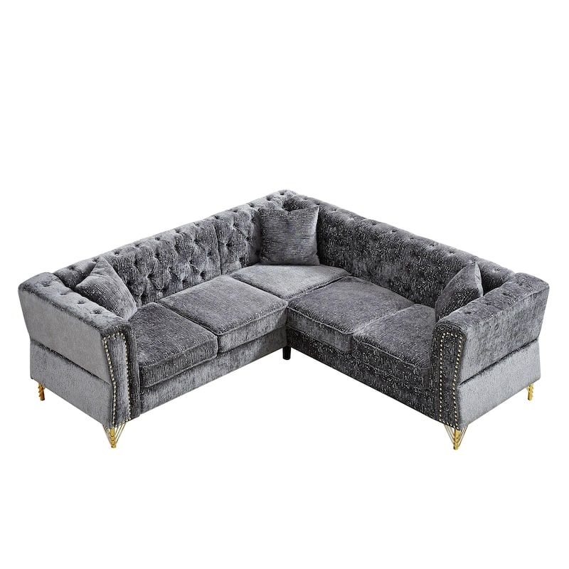 81.5-Inch Grey Chenille Corner Sofa, L-Shaped Sectional Couch with Nailhead Trim