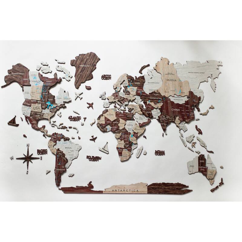 HomeRoots 24" X 39" Brown and Beige Wood World Map Hanging Dimensional Sculpture