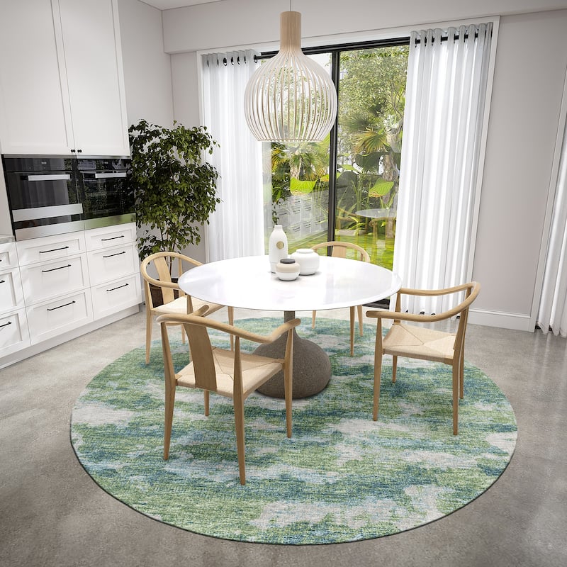 Indoor/ Outdoor Accord Modern Waves Washable Rug New - 8' x 8' Round - Green Teal Denim