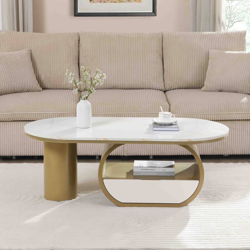 47'' Living Room Oval Shaped Coffee Table with Storage Drawer - Gold