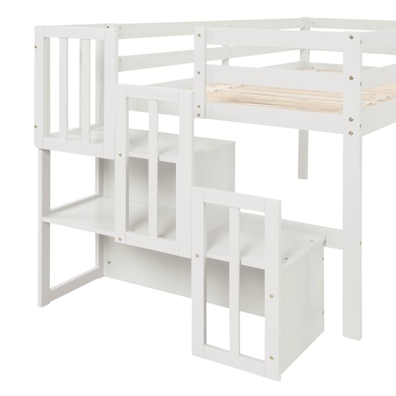 White Loft Bed with Staircase and Storage, Twin Size