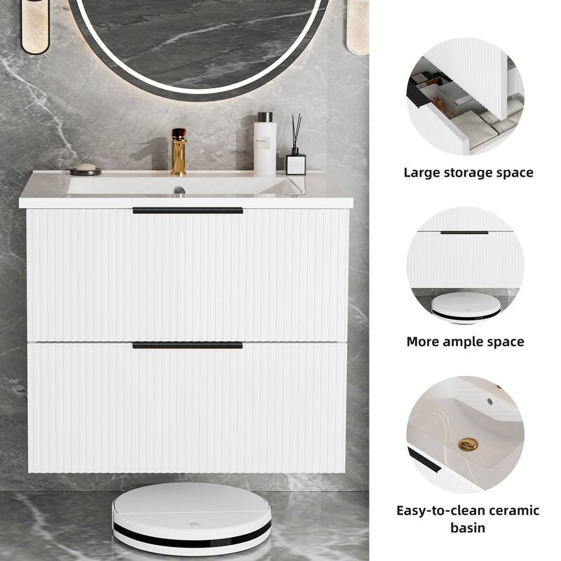24" Floating Bathroom Vanity with Ceramic Sink - Wall Mounted Fluted Vanity Cabinet with Drawers, for Small Bathrooms