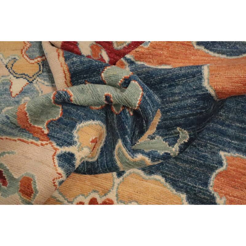 Hand Knotted Oriental 100% Wool Carpet Transitional Floral Navy Blue & Blues Oushak Area Rug - 11' 10'' X 9' 2''