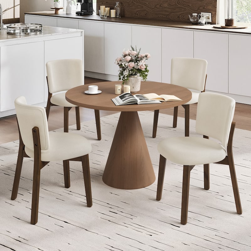 Fabric Upholstered Dining Chairs Set of 2/4 with Wooden Legs, Modern Kitchen Dining Chairs with Back, Walnut Flaxen - Beige - Set of 4