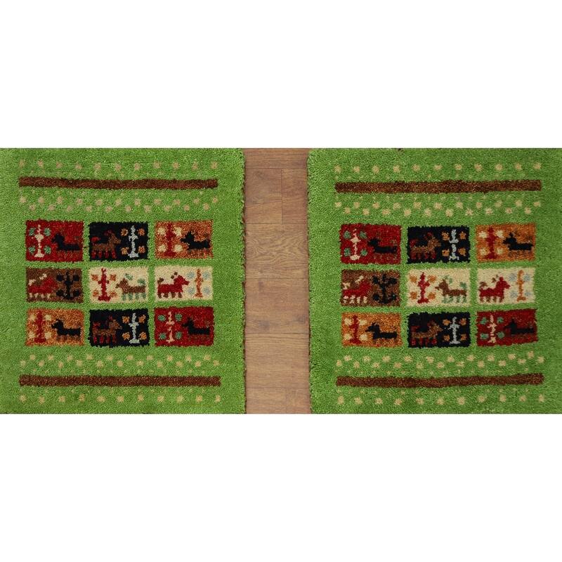 Hand Knotted Oriental 100% Wool Carpet Tribal Animal Pictorial Green Gabbeh Area Rug - 1' 4'' X 1' 4''