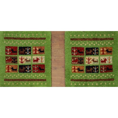 Hand Knotted Oriental 100% Wool Carpet Tribal Animal Pictorial Green Gabbeh Area Rug - 1' 4'' X 1' 4''