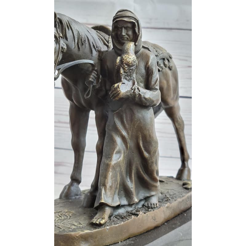 Original Aldo Vitaleh Arab Man Holding Falcon Walking His Horse Bronze Sculpture
