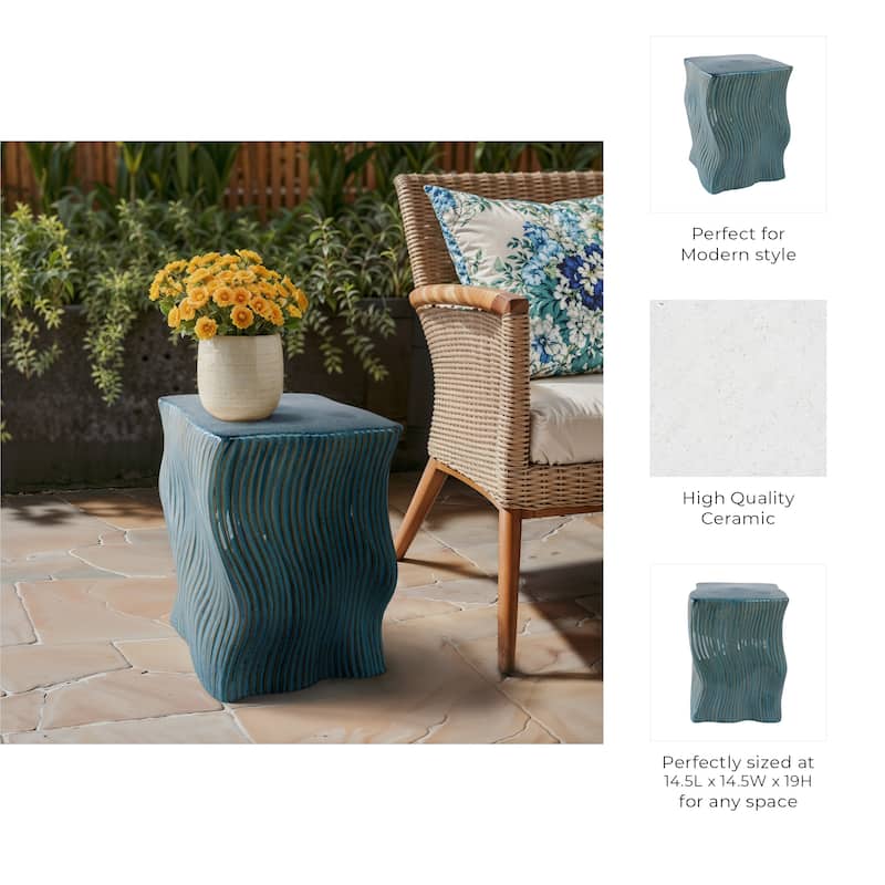 Ceramic Garden Stool Wavy Texture Modern for Home Decor - 19" Green
