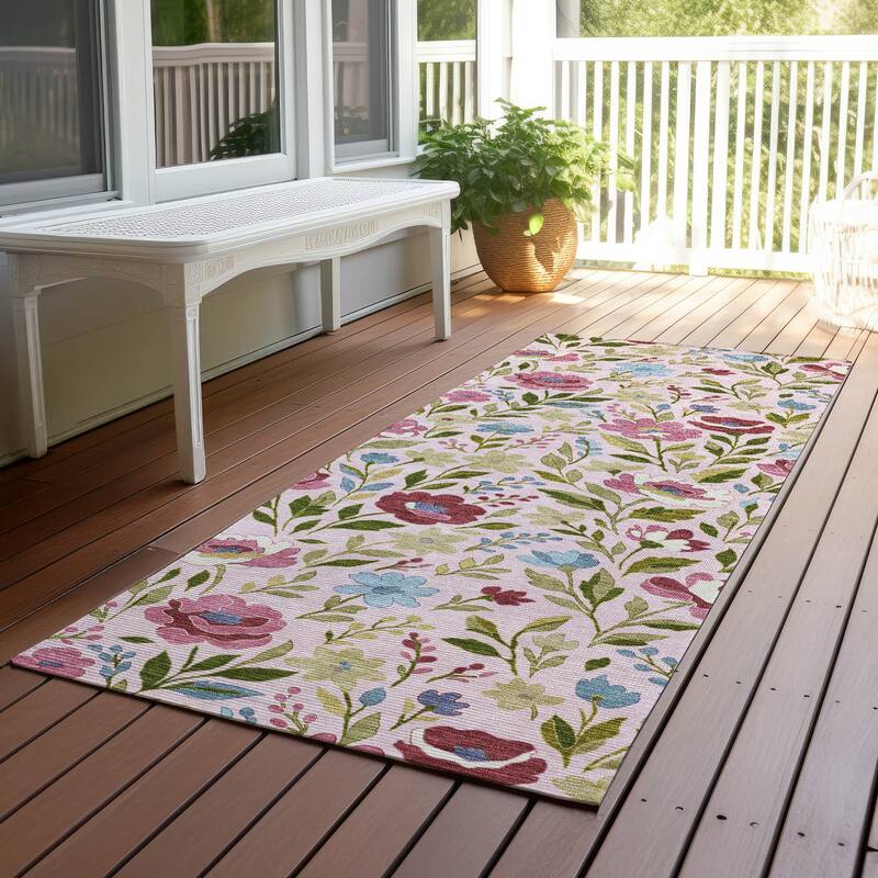 Machine Washable Indoor/ Outdoor Floral Garden Chantille Rug - Pink - 2'3" x 7'6"