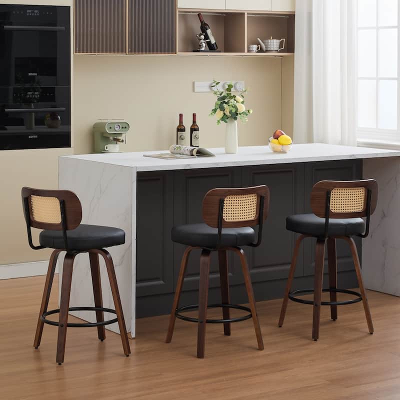 Set of 3 Counter Height Bar Stools - Rattan Counter Height Stools with Cane Back, Upholstered Seat, Swivel Counter Stools