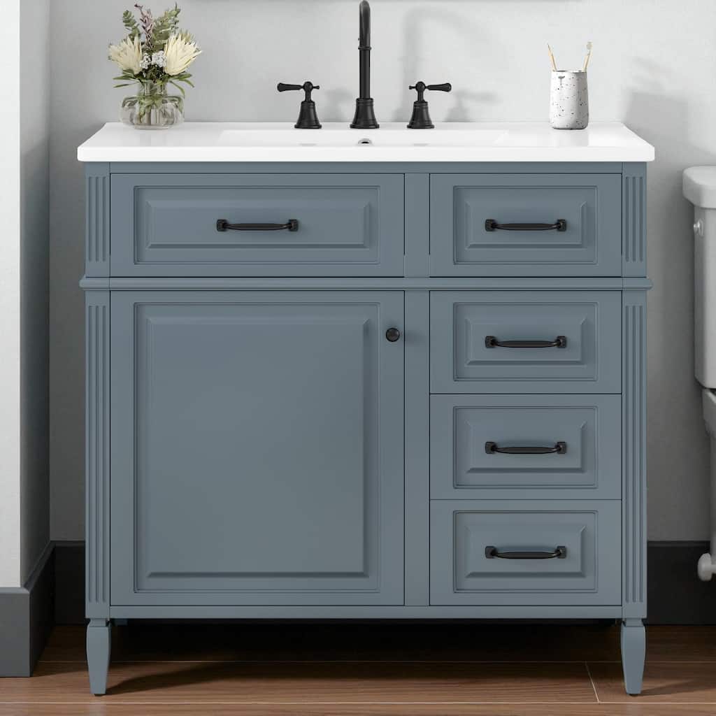36-Inch Bathroom Vanity with Ceramic Sink, Solid Wood Frame, Flip Drawer and Adjustable Shelf