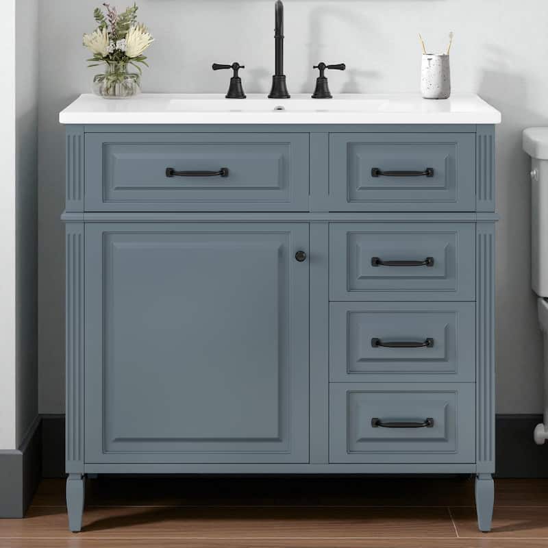 36-Inch Bathroom Vanity with Ceramic Sink, Solid Wood Frame, Flip Drawer and Adjustable Shelf - Blue Gray