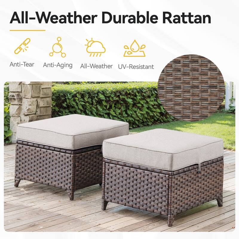 2 Pieces Patio Rattan Ottomans with cushions