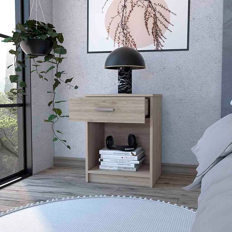 Modern Nightstand with Drawer and Shelf, Light Gray Finish, Durable Manufactured Wood, 21.73" Tall