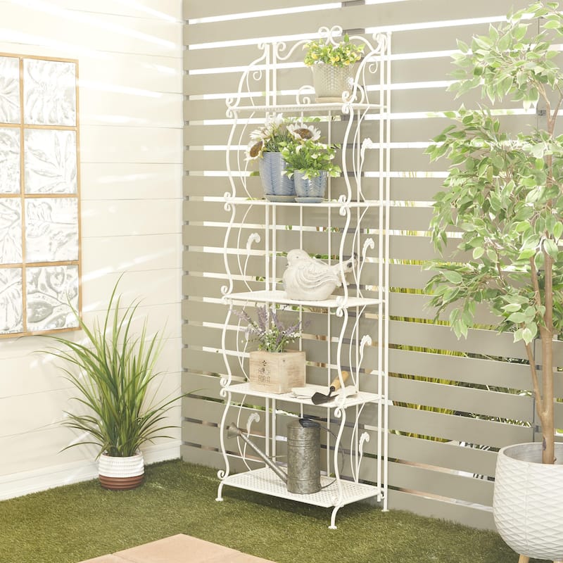 Metal Scroll Indoor Outdoor Tall Folding 5 Shelves Bakers Rack - Gold or White - Roche River Decor