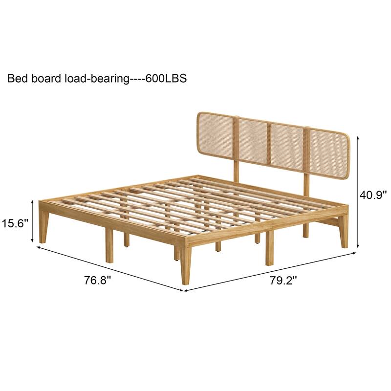 Solid Wood Platform Bed Frame with Rattan Headboard, 600 lbs Heavy Duty Support, Plywood Slats Queen / Full Size