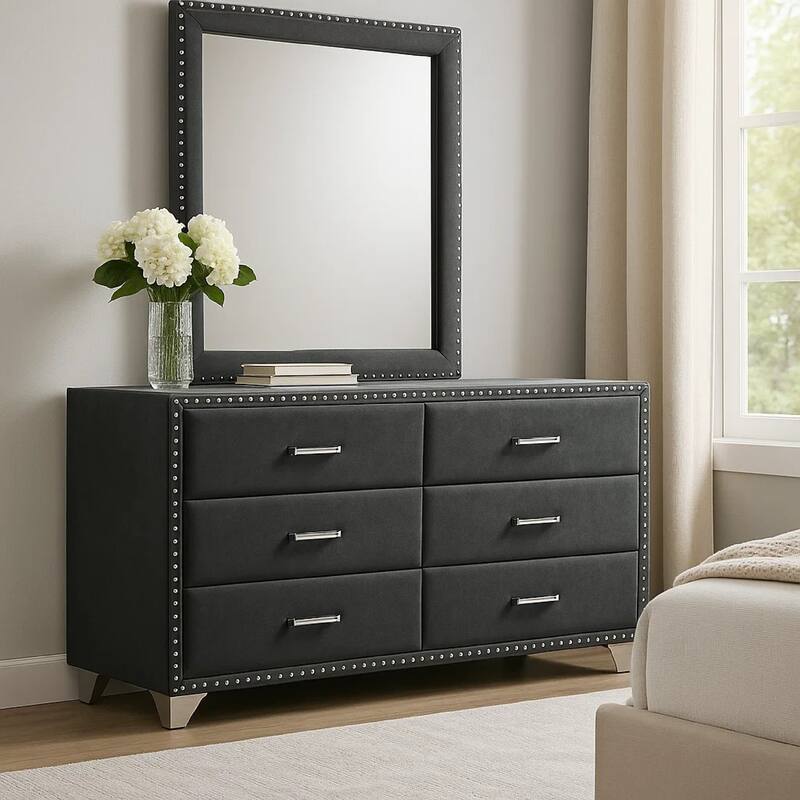 Giya Wide Dresser with Rectangular Rivet Trim Mirror, Gray Velvet