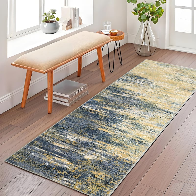 Area Rug Living Room Rugs Modern Abstract Soft Indoor Rug Low Pile Non Slip Accent Carpet - 2'x6' - Yellow/Grey