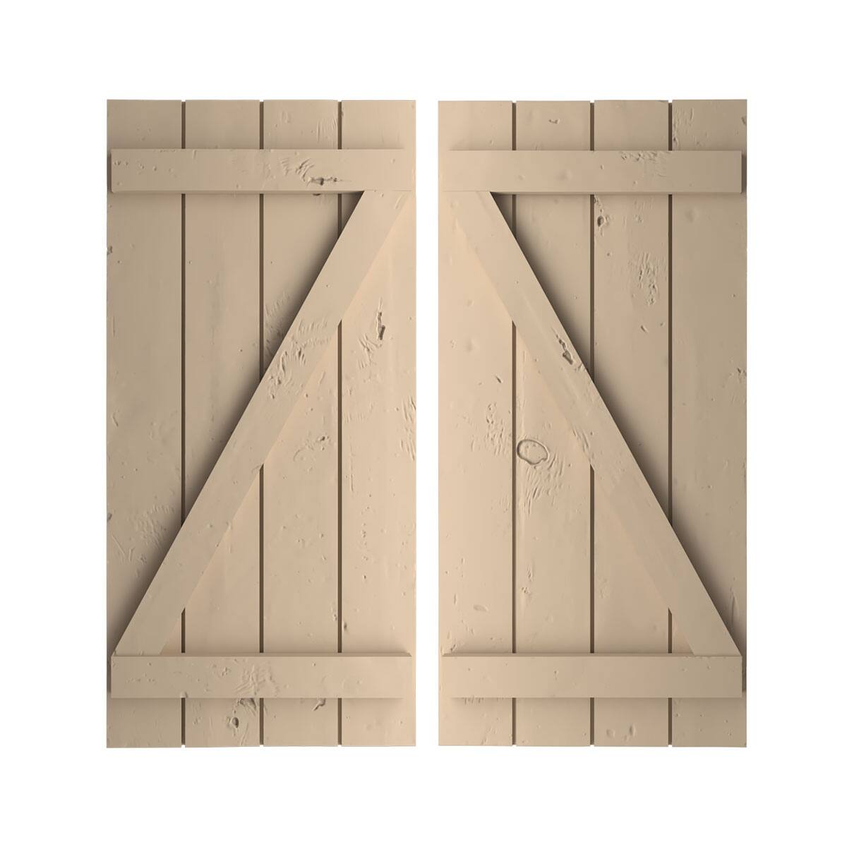 Rustic Four Board Joined BoardnBatten Faux Wood Shutters w/ZBoard (Per Pair), Primed Tan On