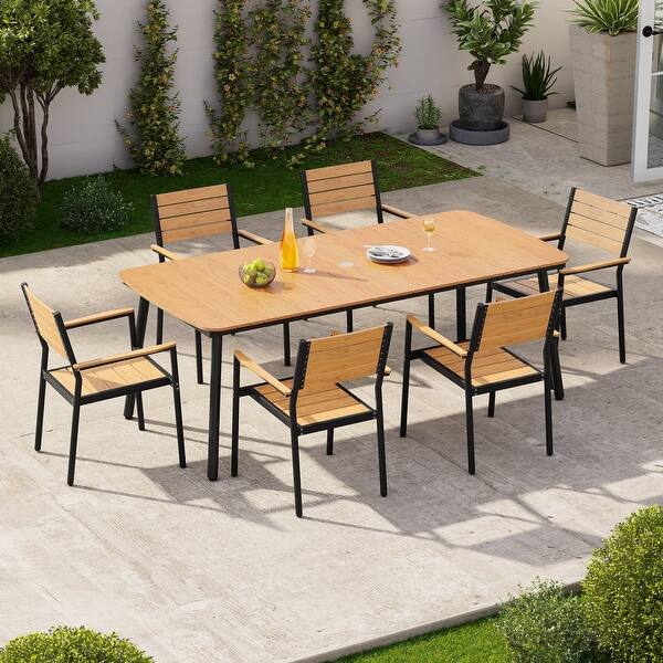 slide 2 of 29, 7-piece Patio Dining Set Outdoor Rectangular Table with Umbrella Hole, Stackable Chairs Brown