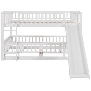 Full Over Full Floor Bed Bunk Bed with Slide, Wood Low Bunk Beds Frame with Ladder & Fence for Boys Girls Teens,White