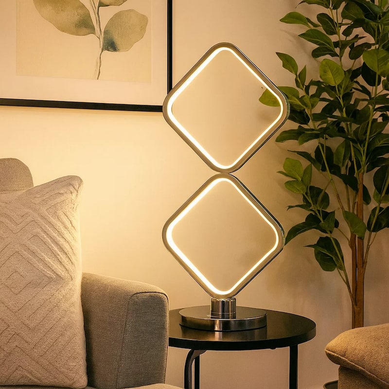 22 Inch Table Lamp, Square LED Light, Modern Accent Metal Base, Chrome