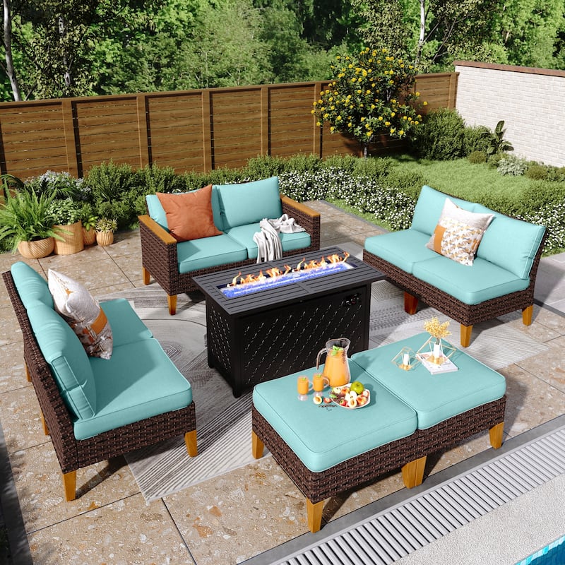 8-Piece Patio Outdoor Wicker Sectional Sofa Set, Large Seating Furniture Conversation Sets with Fire Pit Table - 8-Seat - Type C