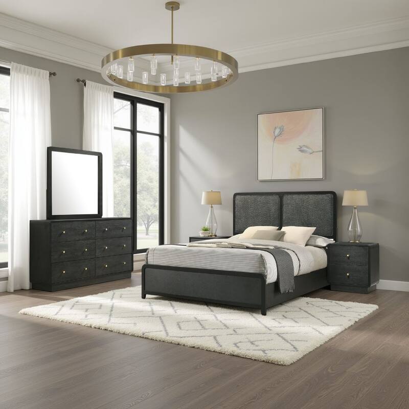 Cavy 4pc Queen Bedroom Set, Charcoal Gray Upholstery, Gold