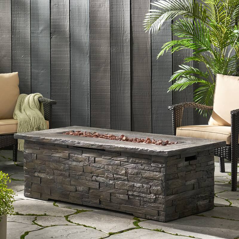 56-Inch Outdoor Propane Stone Pattern Fire Pit Table - N/A