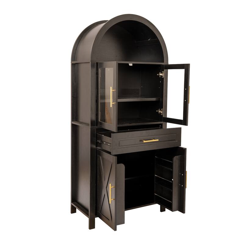 Arched Kitchen Pantry Cabinet with Glass Door, Farmhouse 71" Storage Cabinet with Adjustable Shelves & Barn Door Design
