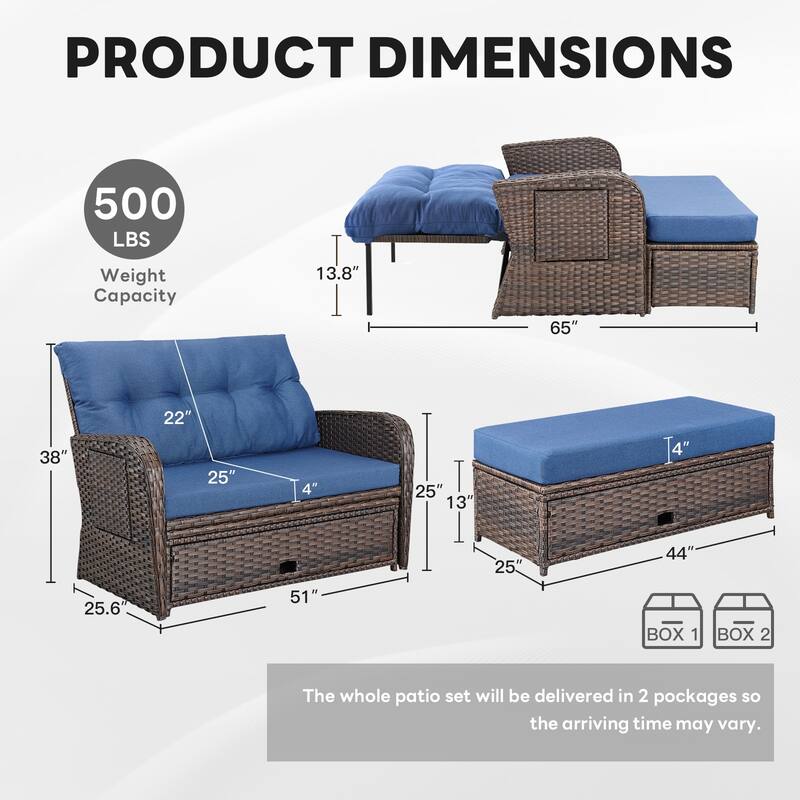 Outdoor Double Chaise Lounger with Soft Ottoman - Brown