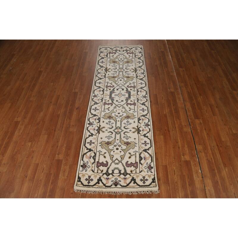 All-Over Ivory Oushak Indian Runner Rug Hand-Knotted Wool Carpet - 2'7"x 8'0"