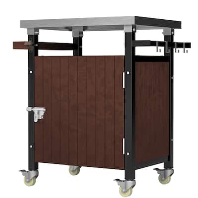 Outdoor Grill Cart with Stainless Steel Tabletop - Movable BBQ Table with Storage, Wheels, Hooks & Spice Rack