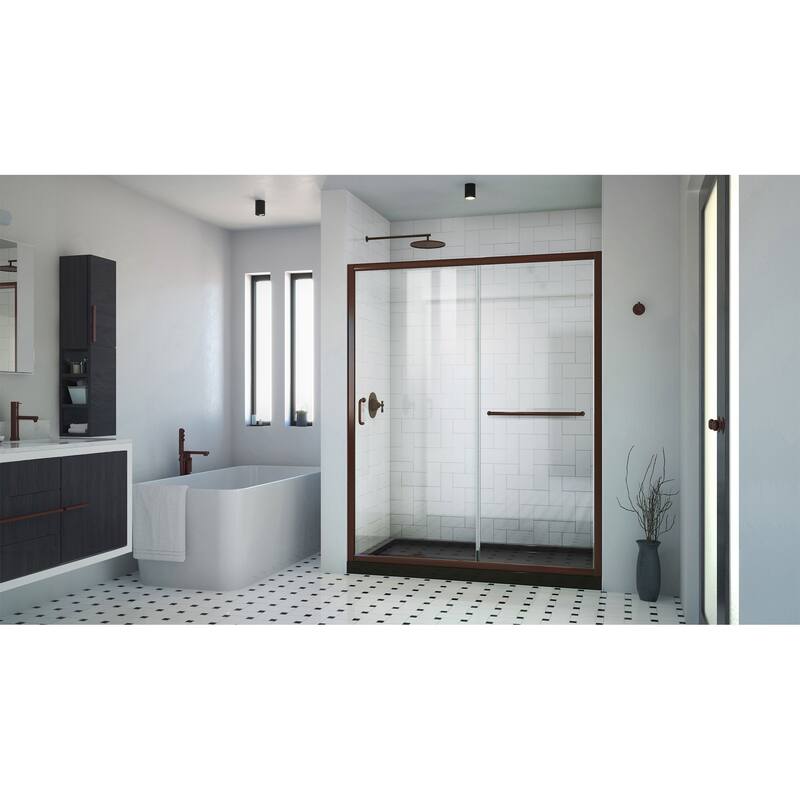 DreamLine Infinity-Z 32 in D x 60 in. W x 74 3/4 in H Clear Sliding Shower Door in Oil Rubbed Bronze, Left Drain Black Base