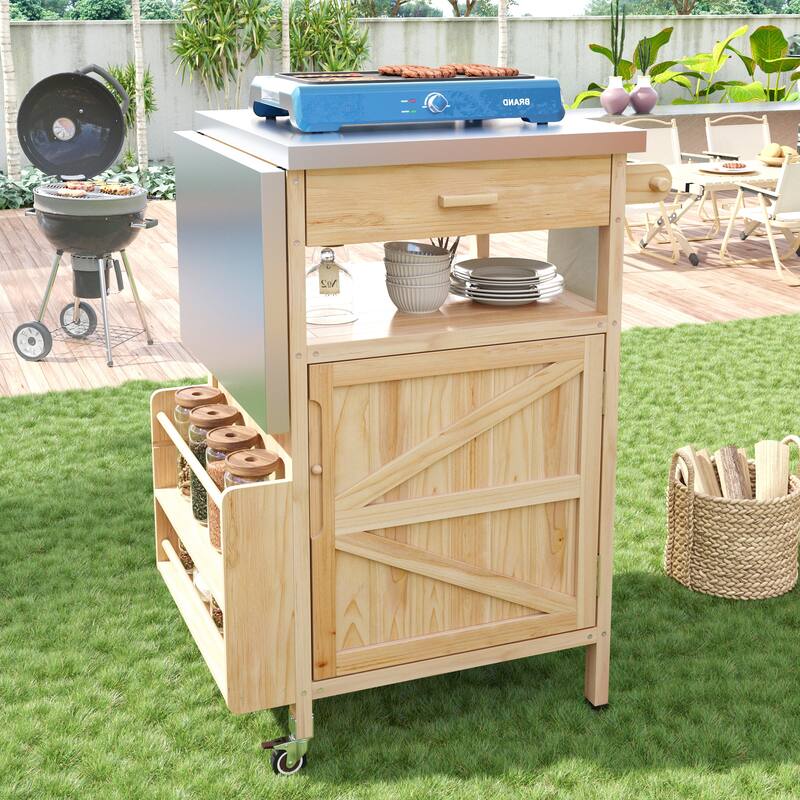 40.5" Outdoor Grill Cart with Stainless Steel Top, Drop Leaf, One Drawer, Towel Rack, Rolling Kitchen Cart with Lockable Wheels