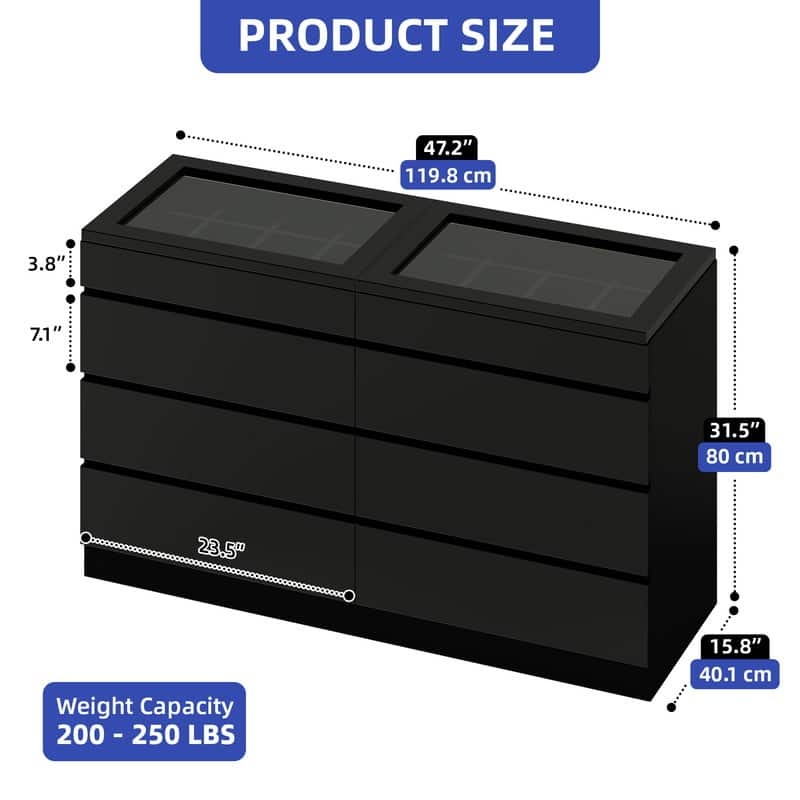 Modern 8-Drawer Dresser Chest Dresser of Drawer Organizers with LED Light High Gloss