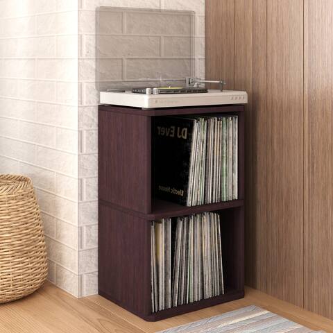 Way Basics Vintage Vinyl Record Cube 2-Shelf Storage, Turntable Stand Organizer - Fits 170 LP Albums, Espresso