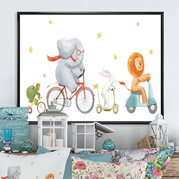 Designart "Cute Animals On Bicycle" Traditional Framed Children's