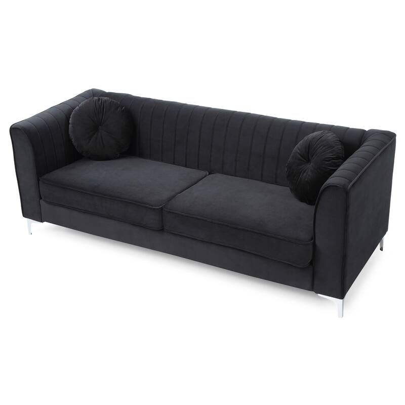 Black Velvet Sofa (87x34x32 inches) with Matching Pillows