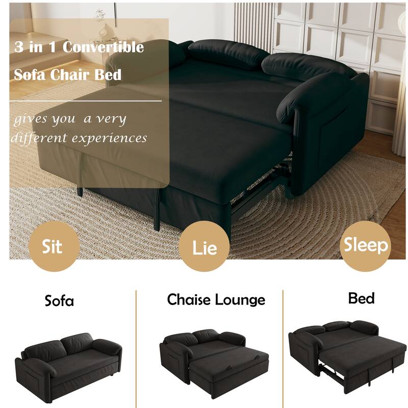 3 in 1 Convertible Sleeper Sofa Bed, Velvet Pull Out Couch Bed, Loveseat Sofa with Reclining Back & Pillows Armrests