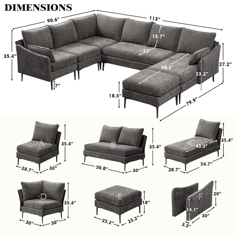 Modern Chenille Sectional Sofa with Reversible Chaise and Ottoman, Perfect for Living Rooms with Sleeper Function