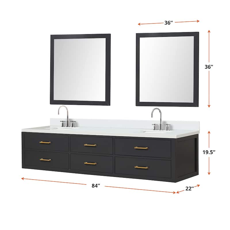 Castor 60 in W x 22 in D Black Double Bath Vanity, White Quartz Top, and 28 in Mirrors