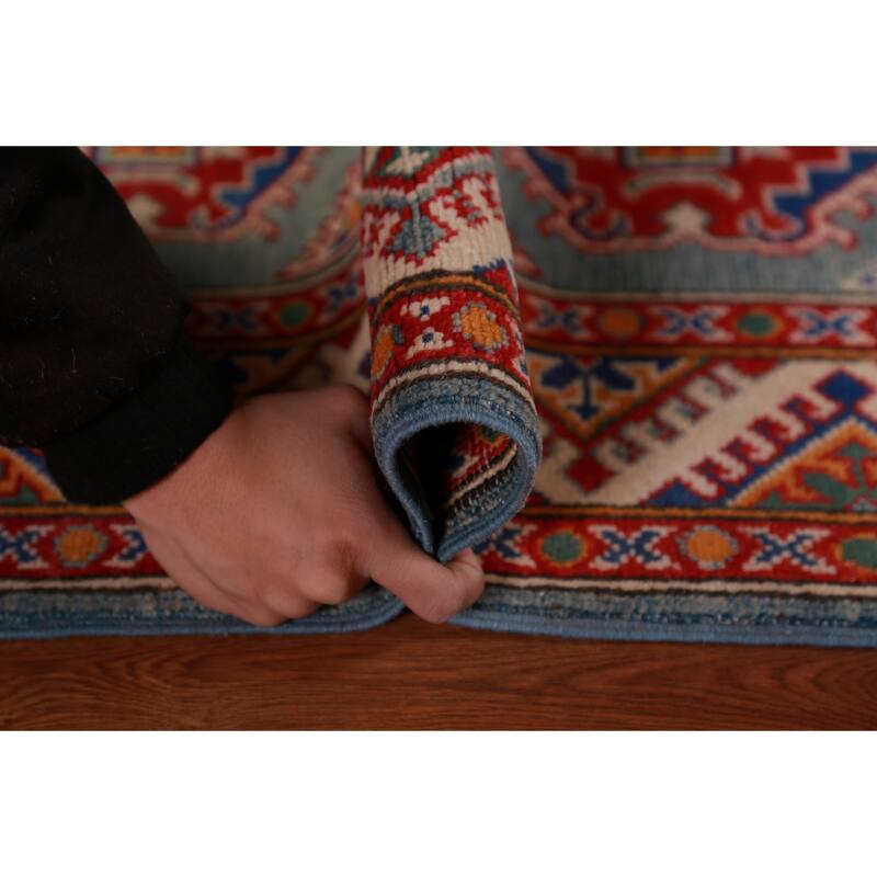 Geometric Kazak Foyer Rug Blue Traditional Handmade Wool Carpet - 2'9"x 3'11"