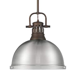 Yep by Golden Lighting Duncan 1-light 14in Rod Hung Pendant in Rubbed Bronze and Pewter shade